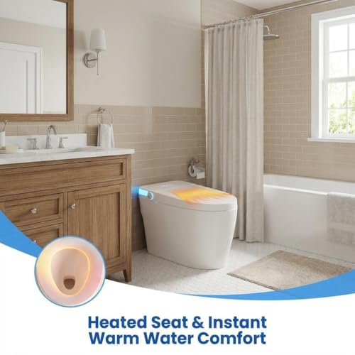 Inodoro inteligente con bidé integrado, inodoro eléctrico moderno, sin tanque, asiento calefactable, lavado con agua tibia, sensor de pie, secador de aire, pantalla LED (Blanco) miniatura 5