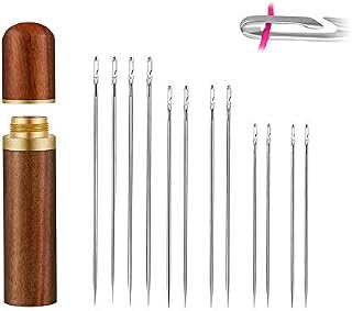 Her Kindness Self Threading Needles, 12 Pcs Large Eye Side Hanging Self Threading Needles, Stainless Steel Hand Sewing Darning Embroidery Pins, with Wood Sewing Needle Case
