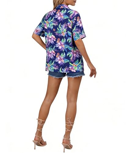 Image of ASTANFY Hawaiian Shirt Women Hawaii T-Shirt Tropical Floral Printed V Neck Shirts Soft Cool Summer Beach Button Up Blouse