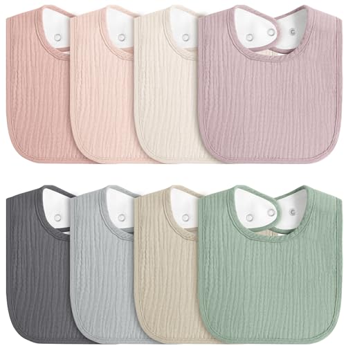 Image of MairMore 8-Pack Baby Muslin Bibs, Soft Cotton Drool Bibs for Boys Girls, Adjustable and Absorbent Newborn Bib Set for Feeding and Drooling