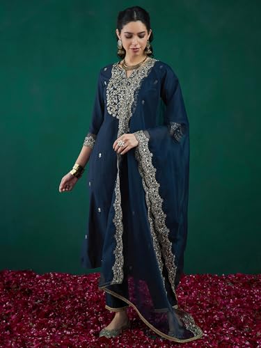 Image of INDO ERA Womens Rayon Viscose Embroidered Straight Kurta Pant Dupatta Set