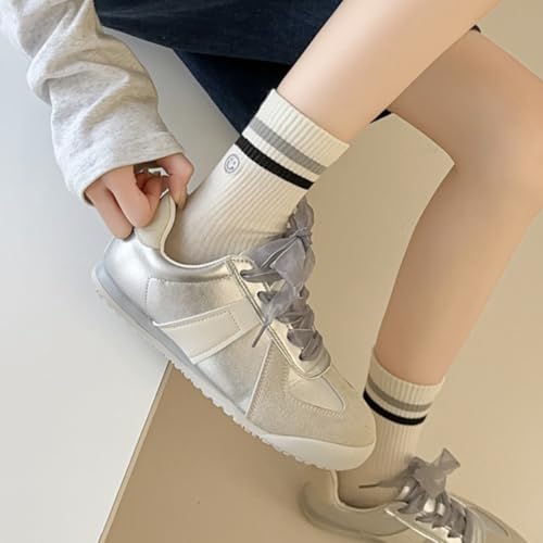 Image of Womens Solid Color Two Stripe Crew Socks Casual Athletic Smiling Face Ankle Socks for women Girls