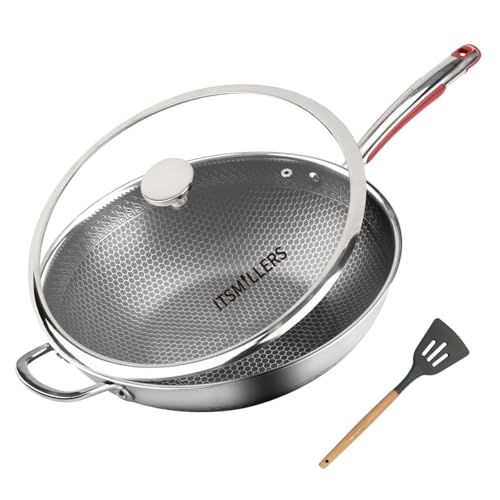 ITSMILLERS Tri-ply Stainless Steel Wok with Lid, 13.5'' PFOA Free Nonstick Stir Fry Pan, Induction Compatible, Dishwasher and Oven Safe, Scratch-resistant Surface