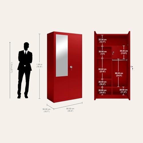 Image of Interio by Godrej Flynn NX 2-Door Steel Almirah with Mirror (Textured Carmine Red), 1-Year Warranty, 1 Locker, 5 Shelves