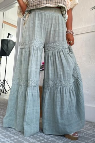 MARZXIN Casual Pants for Women Haze Blue Lace Tiered Patchwork Ruched Wide Leg Pants3
