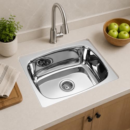 Image of Stainless Steel Kitchen Sink 20x17 Inch | Single Bowl Kitchen Sink | With SS Waste Coupling & PVC Drain Pipe | Rust Resistant & Durable