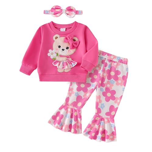 Image of Baby Girl Clothes Fall Winter Long Sleeve Bear Cartoon Sweatshirt Flare Pants Bow Headband Set 6 Months-4 Years Old