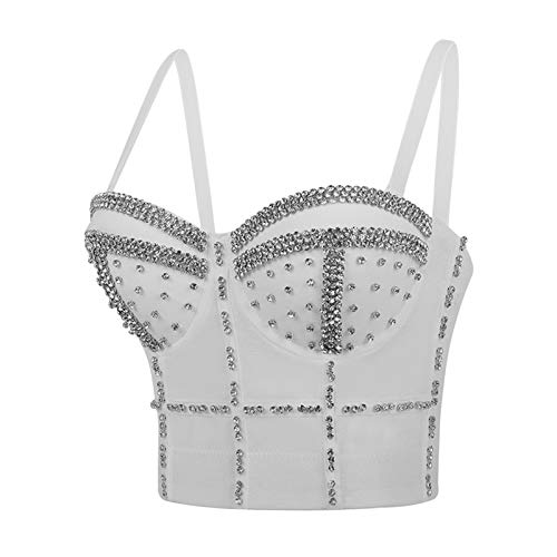 lookwoild Women Camisole Tanks with Bulit in Bra Shiny Rhinestone Crop Top Padded Corset Bustier Party Clubwear (White, M) - Image 3