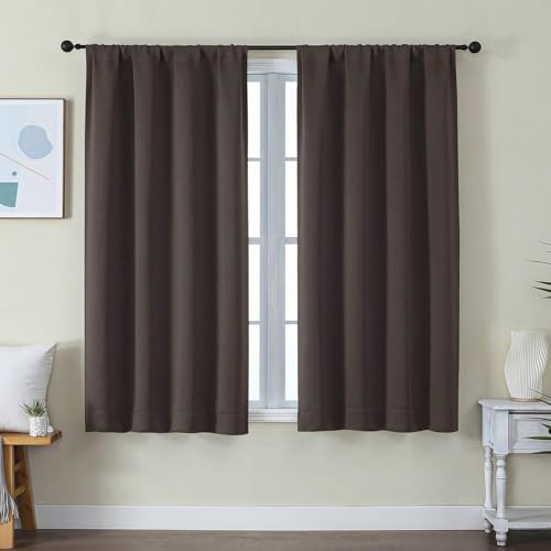 Image of Simplebrand Ava Chocolate Short Blackout Curtains for Bedroom 54 Inches Long 2 Panels Set, Solid Thermal Insulated, Energy Saving Window Treatment Curtains Blackout Drapes, W40 x L54 Inch, Chocolate