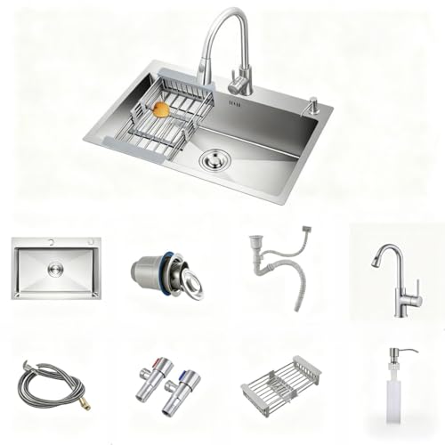 【Yecox】キッチンシンク 大容量シンク ステンレス 静音加工 結露対策 錆びず 防油 防汚 水栓付き 水切りカゴ付き シンクアクセサリー付き 簡単取付 置き場付き 収納便利 省スペース 業務用 家庭用 使いやすい(68*45*20CM,Dセット(蛇口を