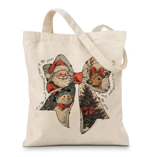 Geondos Vintage Christmas Bow Tote Bag Gift - Retro Holiday Canvas Reusable Bag with Santa Reindeer Snowman Tree Print Festive Cloth Shopping Tote Bags for Women Friends
