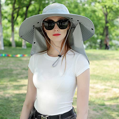 Image of Women Wide Brim Face Mask Sun Hat Detachable Neck Face Flap Ponytail UV Protection Visor Hat Garden Fishing Hiking