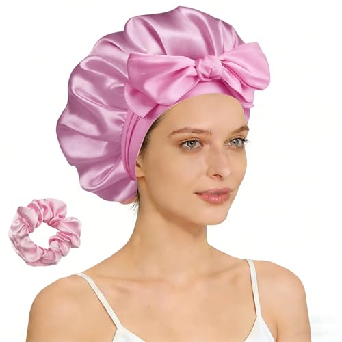 fistmta Satin Silk Bonnet for Sleeping Women, Sleep Cap Head Wrap with Soft Tie Elastic Band, Non-Slip Hair Care Bonnet Nightcap for Long Natural Curly Hair Protection (Pink)