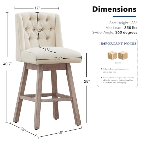 Image of Counter Height Bar Stools Set of 3, 360Swivel Bar Stools with Back and Wood Legs, 28 inch Morden Linen Fabric Upholstered Barstools for Kitchen Island Dining Room Bar