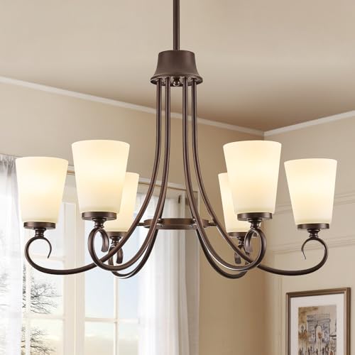 Image of 6-Light Modern Oil Rubbed Bronze Chandeliers for Dining Room 50'' Adjustable Height Farmhouse Pendant Light with Frosted Glass Shades,Brown Chandeliers Hanging Lamp for Kitchen Island Entryway