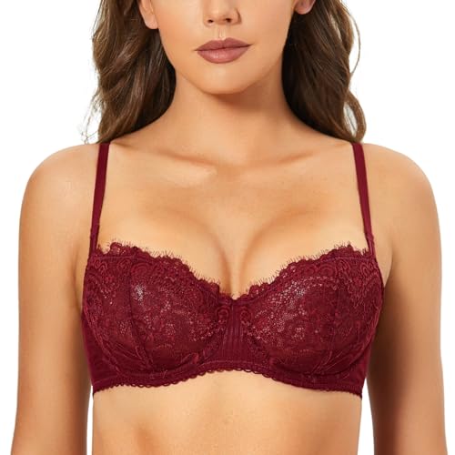 DOBREVA Damen Dirndl BH Push Up Balconette Spitzen BH Große Größen Sexy Soft Transparent Dunkelrot 95C