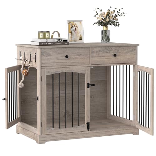 BREEZEHEAT 40 inch Dog Crate Furniture-Farmhouse Dog Kennel with Drawers-End