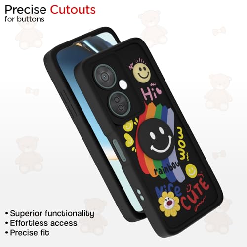 Image of Pikkme Back Cover for OnePlus Nord CE 3 Lite 5G / N30 5G | Soft Silicone| Cute Rainbow Smile & 3D Cartoon Flower Design | Shockproof Raised Camera Protection Bumper Case (Black)