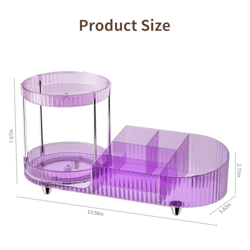 Image of 360 Rotating Vanity Makeup Organizer, 2 Small Trays & 5 Compartments for Cosmetics, Skincare, Perfume, Lipstick & Make up Brushes Holder, Purple Countertop Organizers and Storage for Dresser, Bathroom