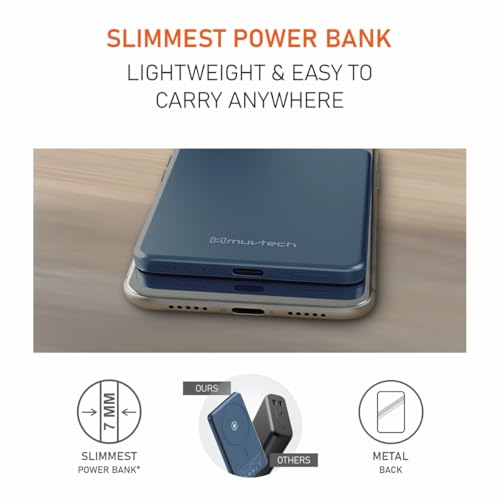 Image of Muvtech Aeroslim 5000mAh Slimmest Magnetic Wireless Power Bank, Metal Body, Ultra Slim Mini Pocket Size, 20W Fast Charging, Type-C in /Out for iPhone, Samsung & Pixel
