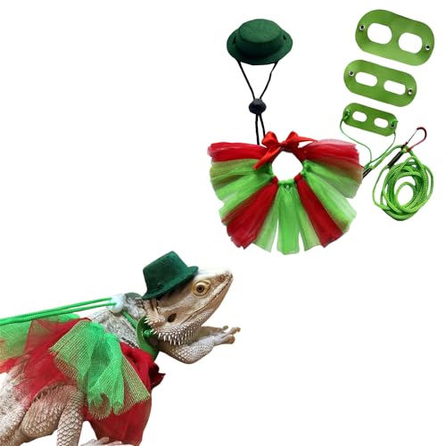 Image of Bearded Dragon Lizard Leash Harness Adjustable(S,M,L, 3 Pack) Bearded Dragon Costume and Hat Lizard Layered Rainbow Tutu Skirt Hat Set for Amphibians and Other Small Pet Animals (Green Set)