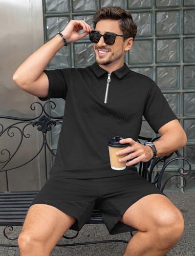 Image of ZAFUL Men's 2 Pieces Sets Outfits Summer Beach Set Short Sleeve Button Down Zip Up Shirt And Short Sets