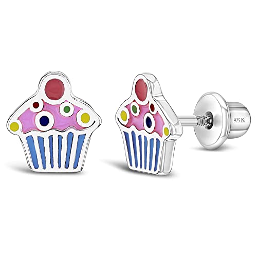 925 Sterling Silver Enamel Cupcake Screw Back Earrings for Young Girls and Pre-teens - Cupcake Girl Studs for Daily Use - Small Stud Earrings for Girls - Hypoallergenic and Lightweight Earrings
