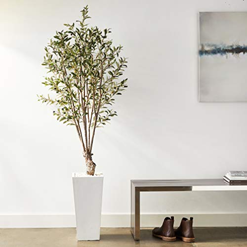 Nearly Natural 5832 6' Olive Artificial Tree In White Tower Planter Green, 24"D X 24"W X 6'H #TOP24