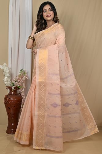 Image of eC ESHA'S COLLECTION Women's Kerala Cotton Floral Motif Printed Zari Bordered Tant Saree Without Blouse Piece