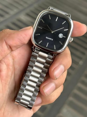 Image of Minimalist Men's Square Dial Watch with Date | Comfortable Stainless Steel Quartz Analog Wristwatch | Casual & Formal Timepiece