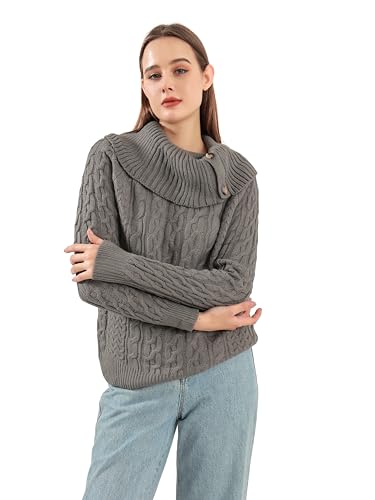 Women's Fall Winter Ribbing Long Sleeve Knit Sweater Turtleneck Buttons Loose Pullover Sweater