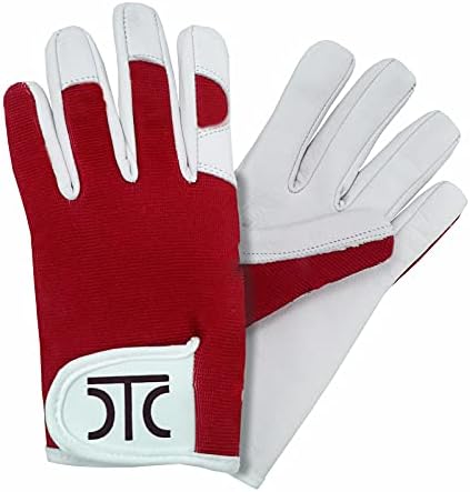 DTC Real Leather Gardening Gloves Thorn Proof Garden Gloves with Goatskin Leather Palm Breathable spandex back an adjustable Strap Gardening Gloves for Men and Women (Red & White-Color, Large L Size).