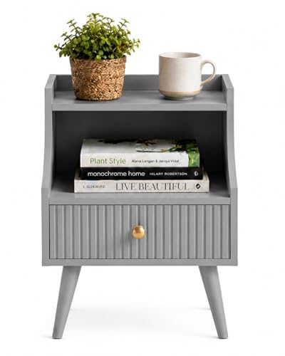 Image of ETIQUETTE ART Modern Fluted Nightstand with Drawer and Open Storage Shelf, Bedside Table with Round Edge, Boho Night Stand with Solid Wood Legs & Knob Handle End Table for Bedroom (Grey)