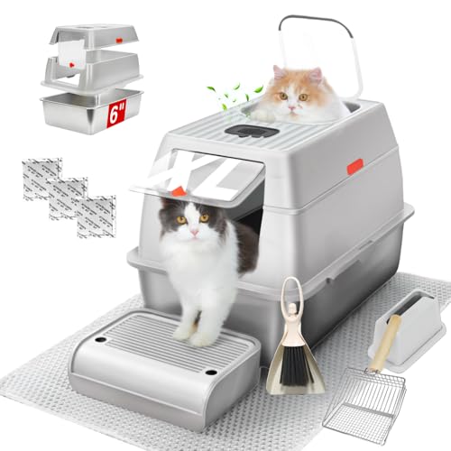 XL Stainless Steel Litter Box with Lid, Fully Enclosed 6" Deep Metal Cat Litter Box, Leak-Proof, Clumping Litter for Large, Multi-Cats, with Litter Mat, Scooper & Brush (6" Light Gray XL)