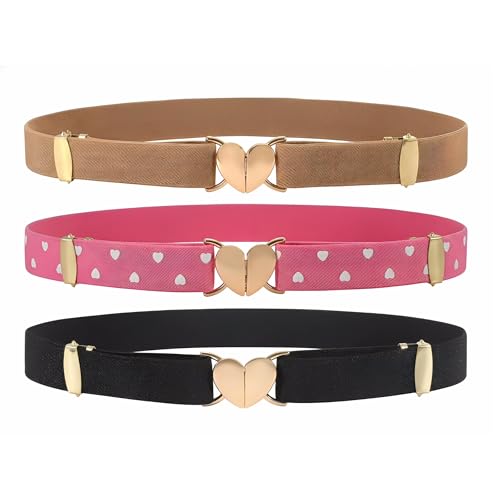 OVOGBEE Girls Elastic Belt 3 Pack - Adjustable Toddler Belt for School Uniform with Dual Sliders, Thickened Stretch Band & Heart Print Design, Easy Buckle for Ages 2-14 Black, Pink, Brown