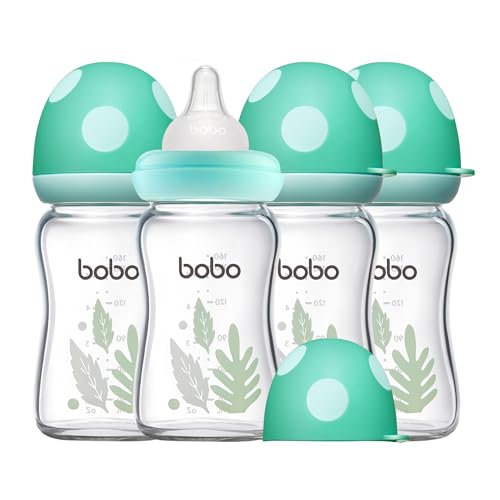 Image of YOHKOH Natural Glass Baby Bottle with Level 1 Slow Flow Nipple, Newborn Anti-Colic Baby Bottles, Wide Neck Mushroom Baby Glass Bottle ((5.4oz (Pack of 4), Blue-A)