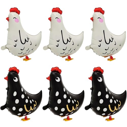 6Pcs Walking Pet Chicken Foil Balloons Standing Animal Mylar Balloon Supplies Animal Theme Birthday Party Decorations Baby Shower (3Pcs white3Pcs black)