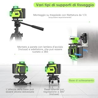 Livello Laser Cantiere Autolivellante 360° x 4, Lazer Livelli 4D 16 Linee Laser con treppiede, Autolivellante e Modalità Pulsata Esterna, 2 x Batteria, Livellamento Automatico, Supporto Rotante