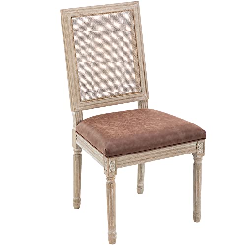 Chairus Farmhouse Rattan Dining Chairs Set Of 2, Leather French Country Chairs With Square Back, Rustic Wood Legs Side Chairs For Kitchen/Restaurant/Dining Room/Living Room, Brown - 2 Pcs #TOP5
