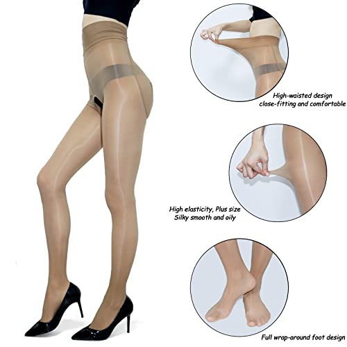 Image of Women's Oil Shiny Pantyhose High Waist Sheer Shimmer Tights Control Top Glossy Pantyhose for Women