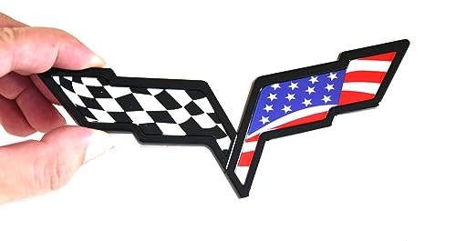 Image of 2Pcs Front Hood & Rear Fascia Crossed Flags Emblems Car Badge Replacement for 2005-2013 Corvette C6 (US Flag-Black)