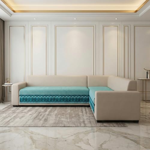 Image of Velvet Quilted Sofa Cover Mat Seat & Back, L Shape 4+3, Main L90in Chaise L69in H32in, Italian Blue Color,Anti Skid Backing, 6in Hanging Strap Design, Style -ItalianBlue-L43