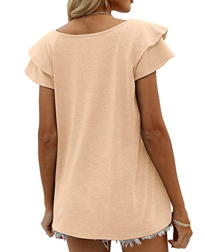 Petal Sleeve Tops For Women Summer V Neck Casual Tshirts Elegant Tops Xl Beige #TOP4