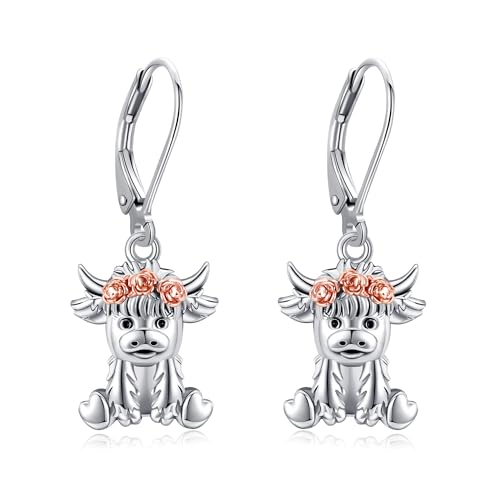 Boucles d'oreilles vache Highland en argent 925 pendantes pour femme amoureuse des animaux