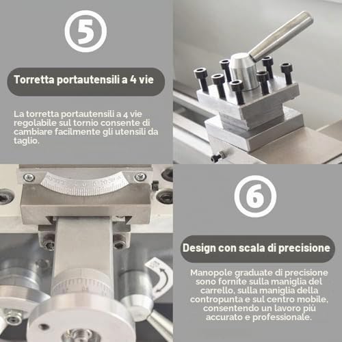 Tornio in miniatura in metallo, 900 W ad alta potenza con velocità variabile 50-2500 giri/min, lavorazione del modello di precisione per la lavorazione del legno