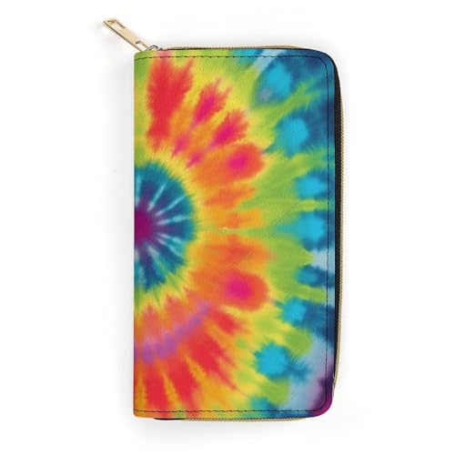Tie Dye Rainbow Print Long Wallet for Women Men PU Leather Card Holder Organizer with Zipper Coin Pocket & Cash Slots