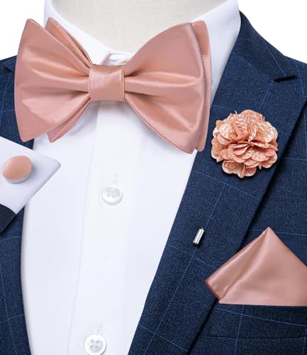 Image of DiBanGu Satin Bow tie Self-Tied Bowtie Set for Men Wedding Prom | Solid Color,Skin-Friendly,Versatile Accessory,Lapel Pin,Pocket Square,Cufflinks,School Dance,Banquet,Dinner,Celebration