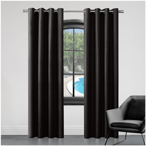 GC GAVENO CAVAILIA Easy Hang Faux Silk Curtains For Bedroom, Lined Pair of Curtains & Drapes, Curtains Eyelet, Easy Care Ring Top Curtains For Living Room Black Curtains 90" x 108" - 228 X 274 Cm