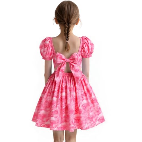 HILEELANG Fancy Girl Dress Spring Summer Pink Rose Floral Flutter Sleeves Backless Tie Back Knot Beach Sundress