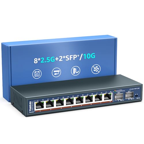 10 Port 2.5G Unmanaged Ethernet Switch, 8 x 2.5G Base-T Ports, 2 x 10G SFP, Compatible with 100/1000/2500Mbps, VLAN, Fanless, Desktop/Wall Mount YuanLey 2.5Gbe Network Switch for Wireless AP, NAS, PC
